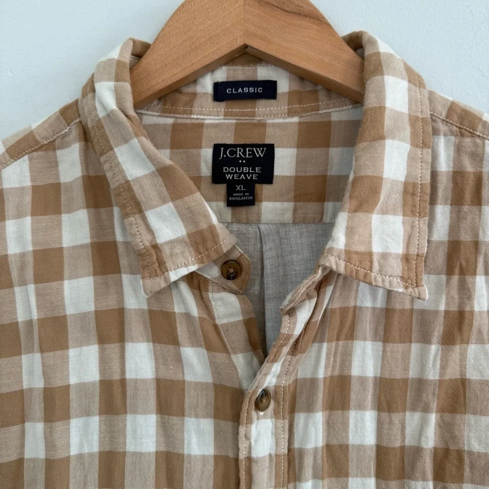 J. Crew Men’s Double Weave Tan and White Checkered Shirt, Size XL